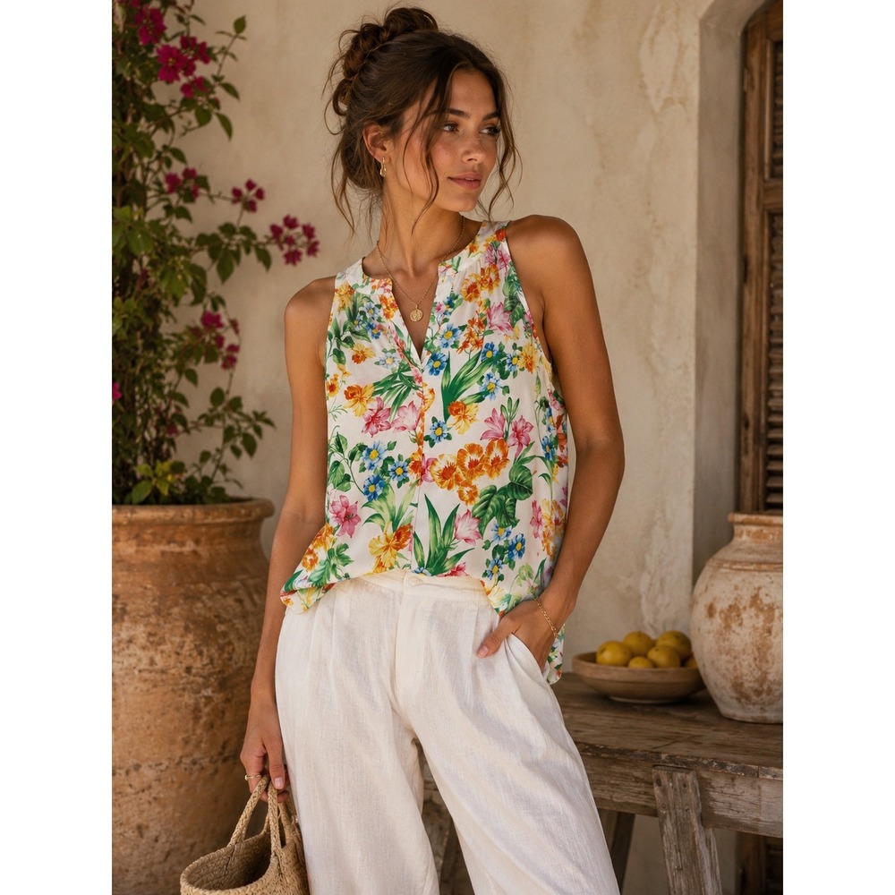 Tropical Floral Sleeveless‎ Blouse Botanical Garden Cottagecore Top L